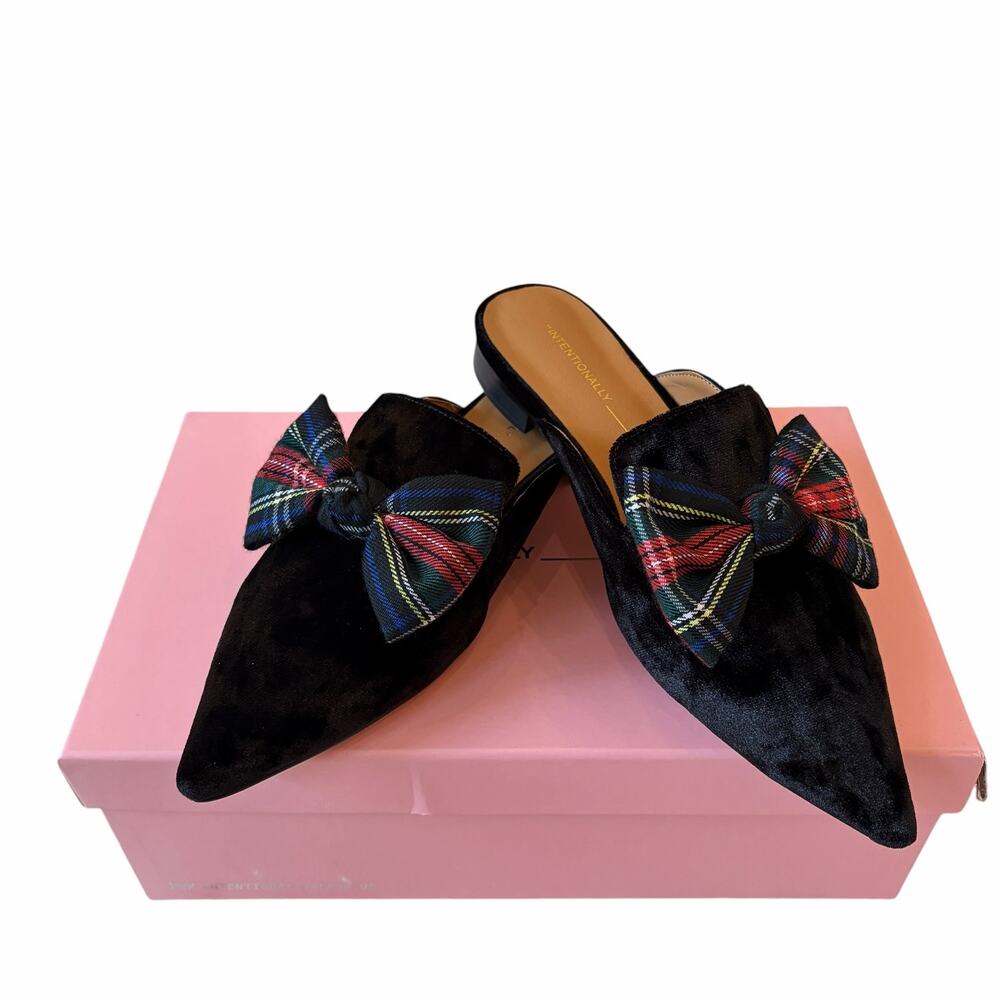 INTENTIONALLY BLANK Tartan Black Velvet Picadeli Plaid Bow Mules Size 6 New - Picture 3 of 16